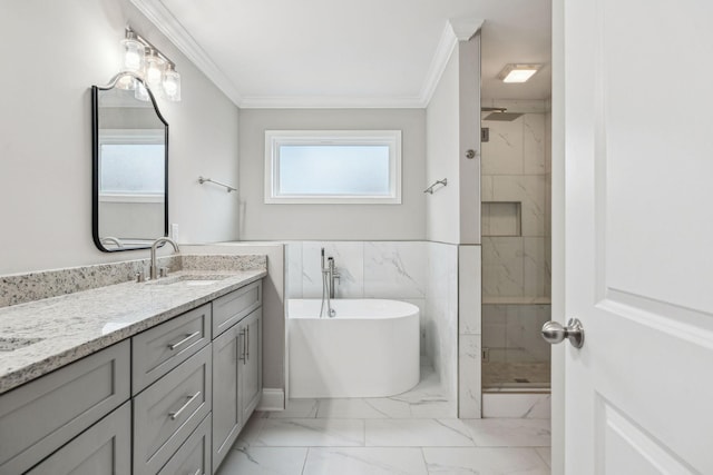 bathroom featuring vanity, ornamental molding, independent shower and bath, and tile walls