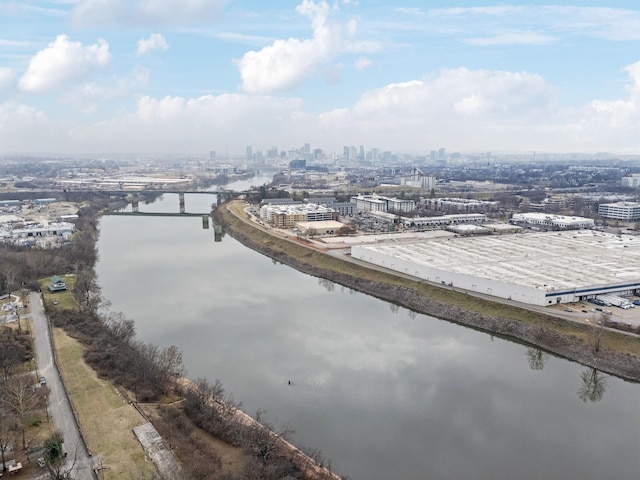 drone / aerial view featuring a water view