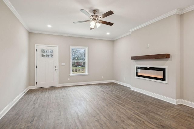 unfurnished living room with ornamental molding, dark hardwood / wood-style floors, and ceiling fan