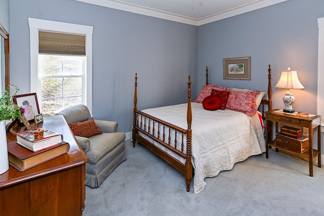 bedroom featuring light carpet and ornamental molding