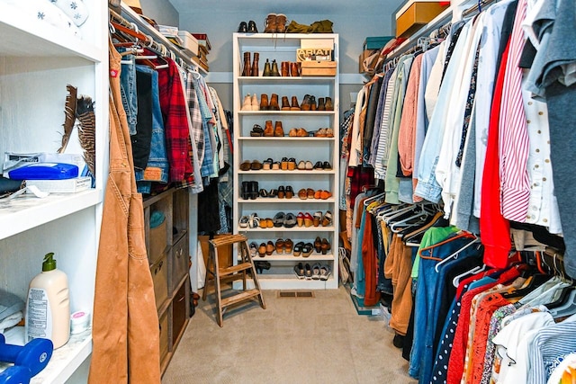 walk in closet with light colored carpet