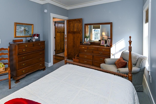 bedroom featuring dark colored carpet