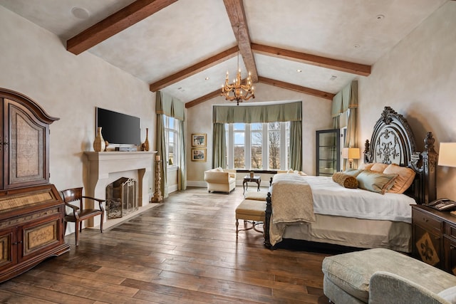 bedroom featuring beam ceiling, wood-type flooring, high vaulted ceiling, and a chandelier