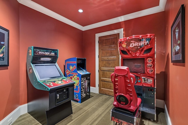 recreation room with crown molding