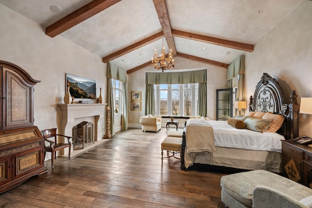 bedroom featuring beamed ceiling, wood-type flooring, high vaulted ceiling, and an inviting chandelier