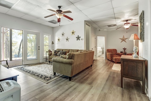 living room with hardwood / wood-style flooring, ceiling fan, and a drop ceiling