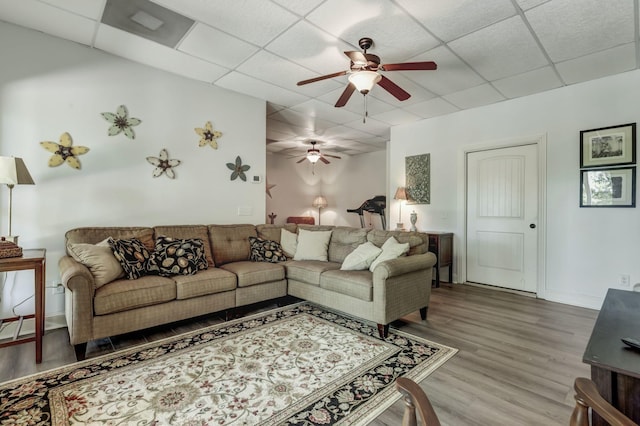 living room with ceiling fan, wood-type flooring, and a drop ceiling