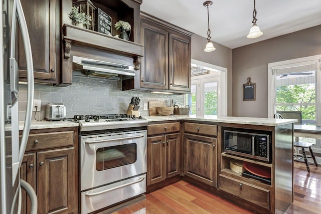 kitchen with hanging light fixtures, dark brown cabinets, a healthy amount of sunlight, and appliances with stainless steel finishes