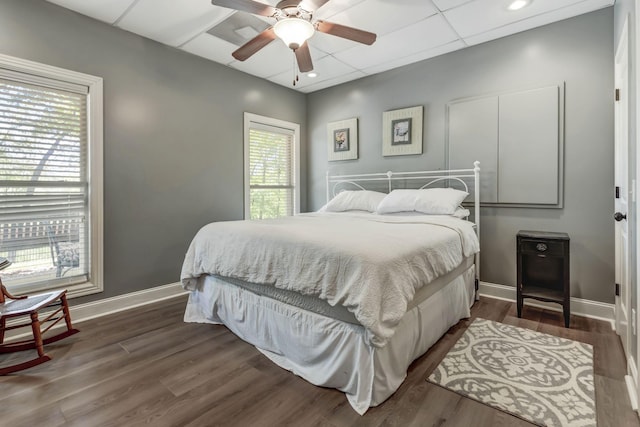 bedroom featuring ceiling fan, a paneled ceiling, and dark hardwood / wood-style floors