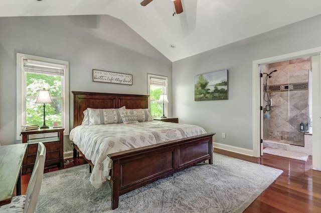 bedroom featuring lofted ceiling, hardwood / wood-style flooring, and ceiling fan