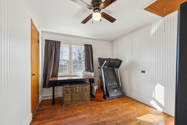 misc room with ceiling fan and hardwood / wood-style floors