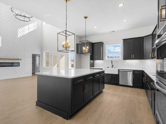 kitchen featuring dark cabinetry, light countertops, and dishwasher