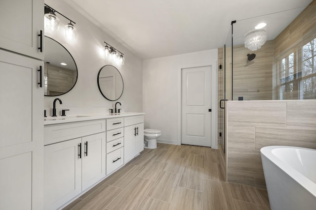 full bathroom featuring vanity, separate shower and tub, and toilet