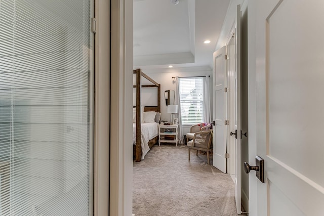 carpeted bedroom featuring a tray ceiling