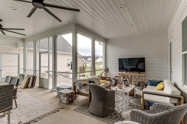 sunroom / solarium featuring wooden ceiling and ceiling fan