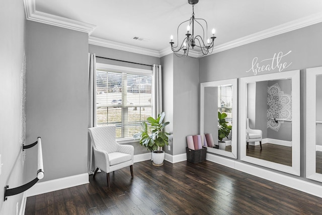 living area with ornamental molding, dark hardwood / wood-style floors, and a wealth of natural light