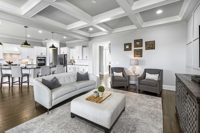 living room with beamed ceiling, coffered ceiling, and dark hardwood / wood-style floors