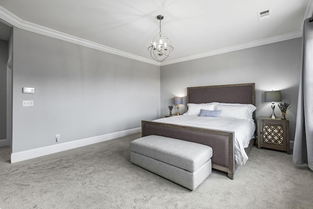 carpeted bedroom featuring crown molding and a notable chandelier