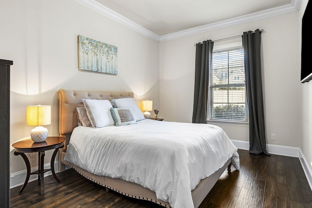 bedroom with crown molding and dark wood-type flooring