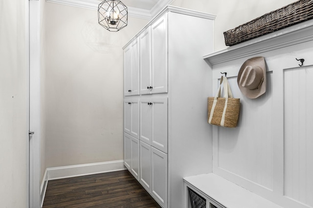 mudroom with dark hardwood / wood-style flooring and ornamental molding