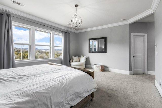 carpeted bedroom with a notable chandelier and crown molding