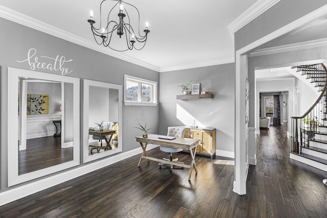 home office with dark hardwood / wood-style flooring, a notable chandelier, and ornamental molding