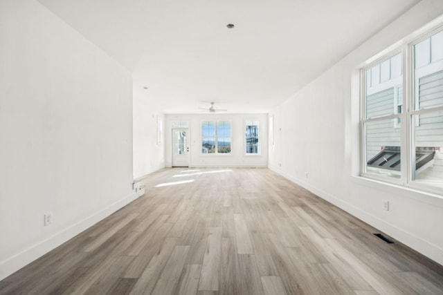 unfurnished living room with ceiling fan and light wood-type flooring