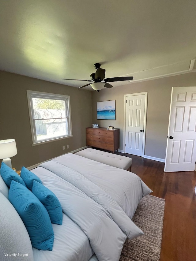 bedroom featuring ceiling fan, dark hardwood / wood-style flooring, and a closet