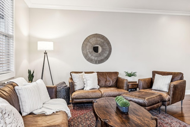 living room featuring hardwood / wood-style flooring and ornamental molding