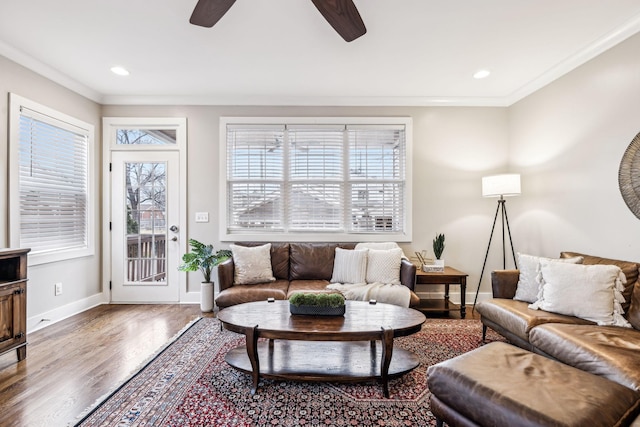 living room featuring crown molding, hardwood / wood-style flooring, and ceiling fan