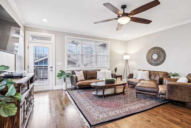 living room with dark hardwood / wood-style flooring, crown molding, and ceiling fan