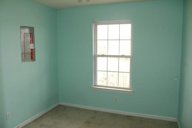 unfurnished room featuring light carpet, electric panel, and a healthy amount of sunlight