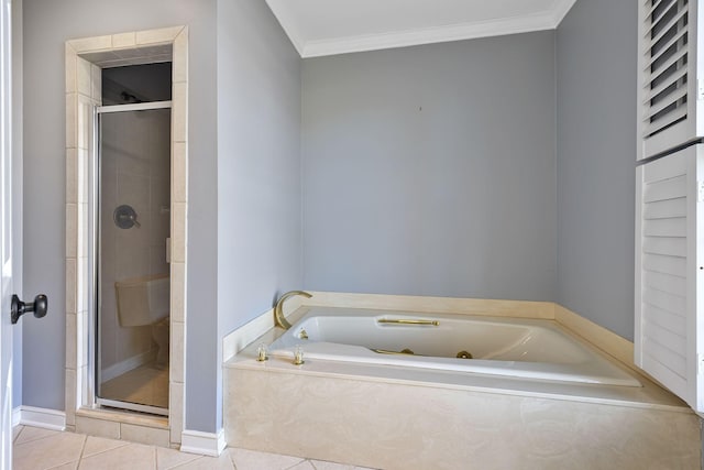 bathroom featuring tile patterned flooring, crown molding, and independent shower and bath