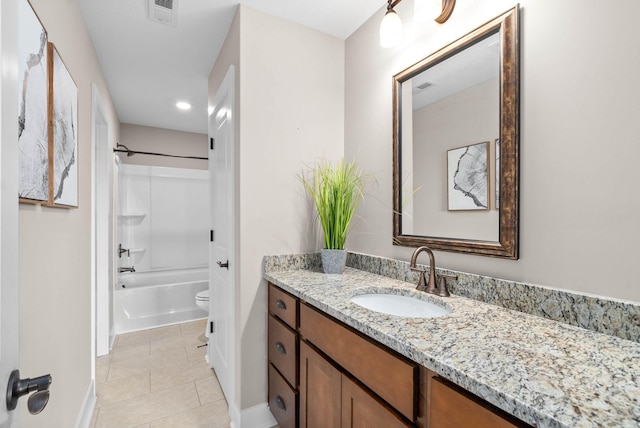 full bathroom with tile patterned flooring, vanity, bathing tub / shower combination, and toilet