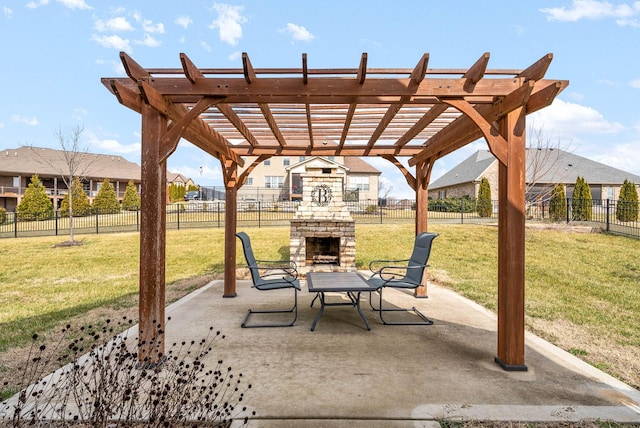 view of patio / terrace with a pergola and an outdoor stone fireplace