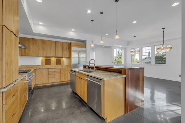 kitchen featuring sink, ventilation hood, hanging light fixtures, stainless steel appliances, and a kitchen island with sink