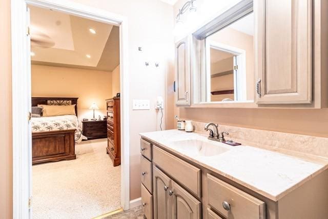 bathroom with vanity and a tray ceiling