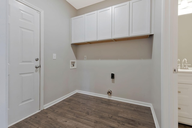 laundry area featuring sink, cabinets, washer hookup, dark hardwood / wood-style flooring, and hookup for an electric dryer