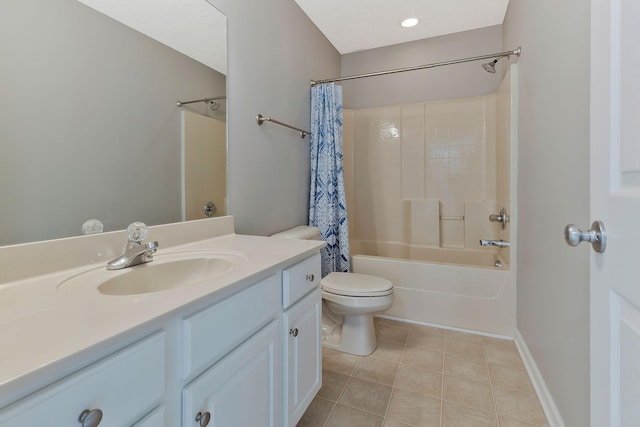 full bathroom with tile patterned flooring, vanity, shower / bathtub combination with curtain, and toilet