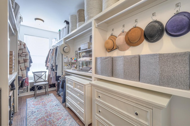 walk in closet with dark hardwood / wood-style flooring