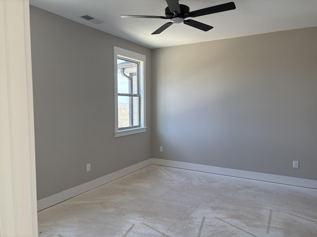 unfurnished room with ceiling fan, concrete flooring, visible vents, and baseboards