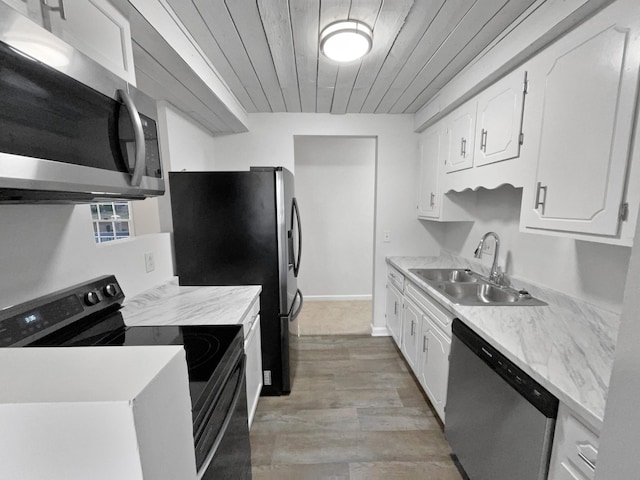 kitchen featuring wooden ceiling, appliances with stainless steel finishes, sink, and white cabinets