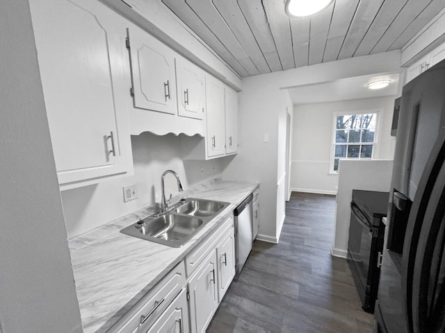 kitchen with sink, wood ceiling, dark hardwood / wood-style floors, stainless steel appliances, and white cabinets