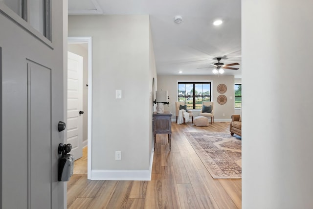 interior space with ceiling fan and light hardwood / wood-style flooring