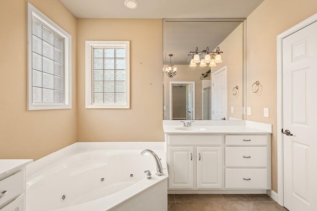 bathroom featuring vanity, separate shower and tub, and tile patterned floors