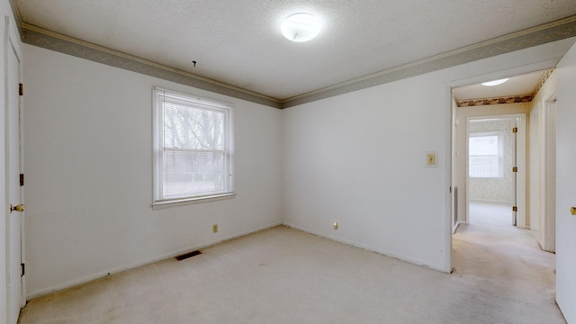 carpeted empty room with ornamental molding, a wealth of natural light, and a textured ceiling