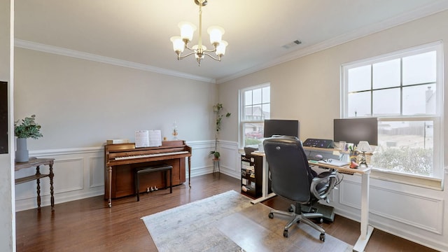 office area featuring ornamental molding, dark hardwood / wood-style floors, and a notable chandelier