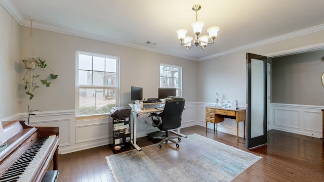 office area featuring crown molding, dark wood-type flooring, and a chandelier