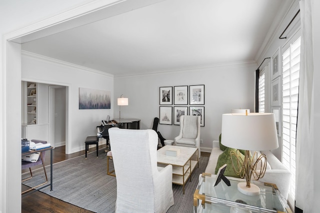 interior space featuring dark hardwood / wood-style flooring and ornamental molding