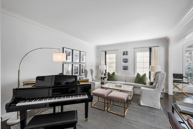 living room with crown molding and dark hardwood / wood-style floors